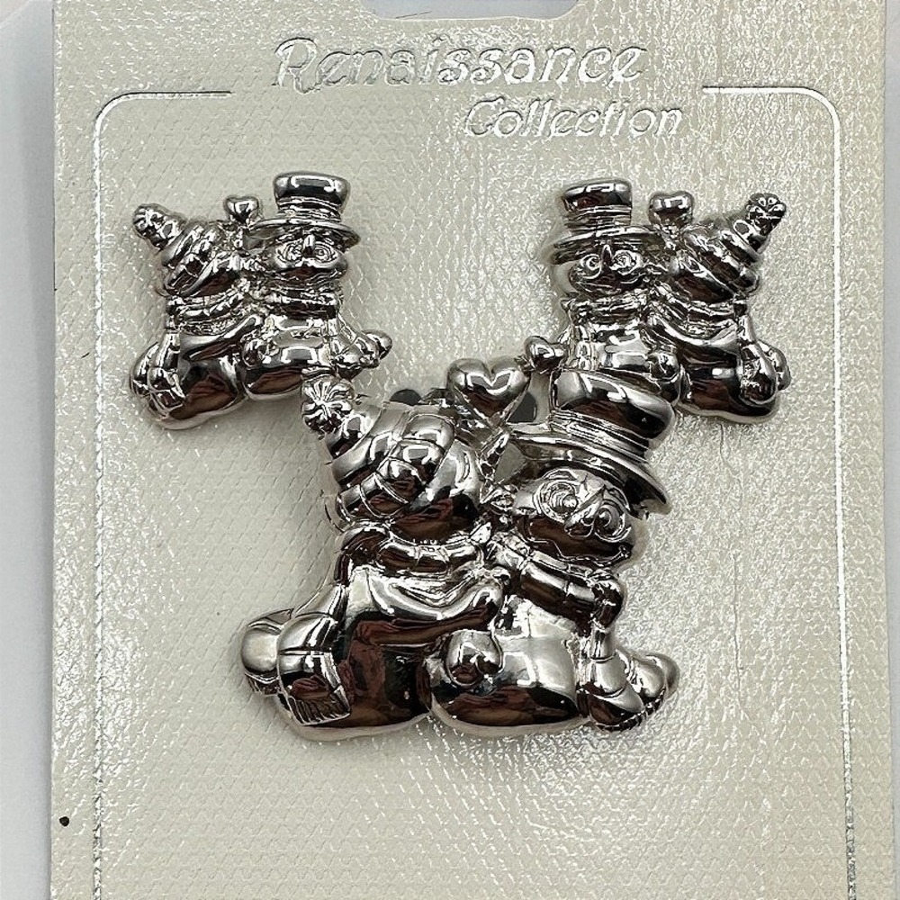 VTG 90s Renaissance Collection Snowman Family Pin Silver Tone Christmas Brooch